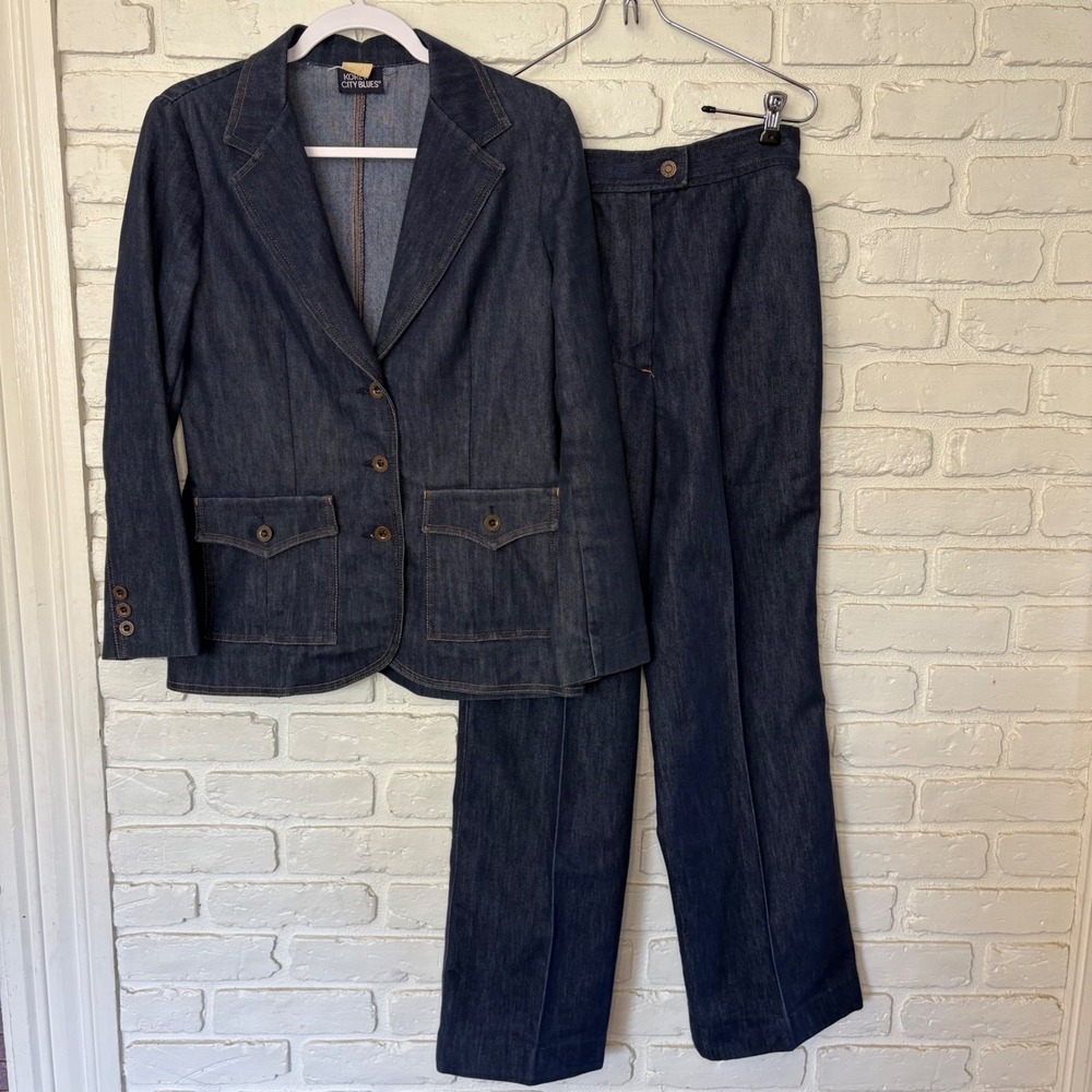 Vintage 70s Koret City‎ Blues Dark Wash Denim Pantsuit Women's Size Small 26
